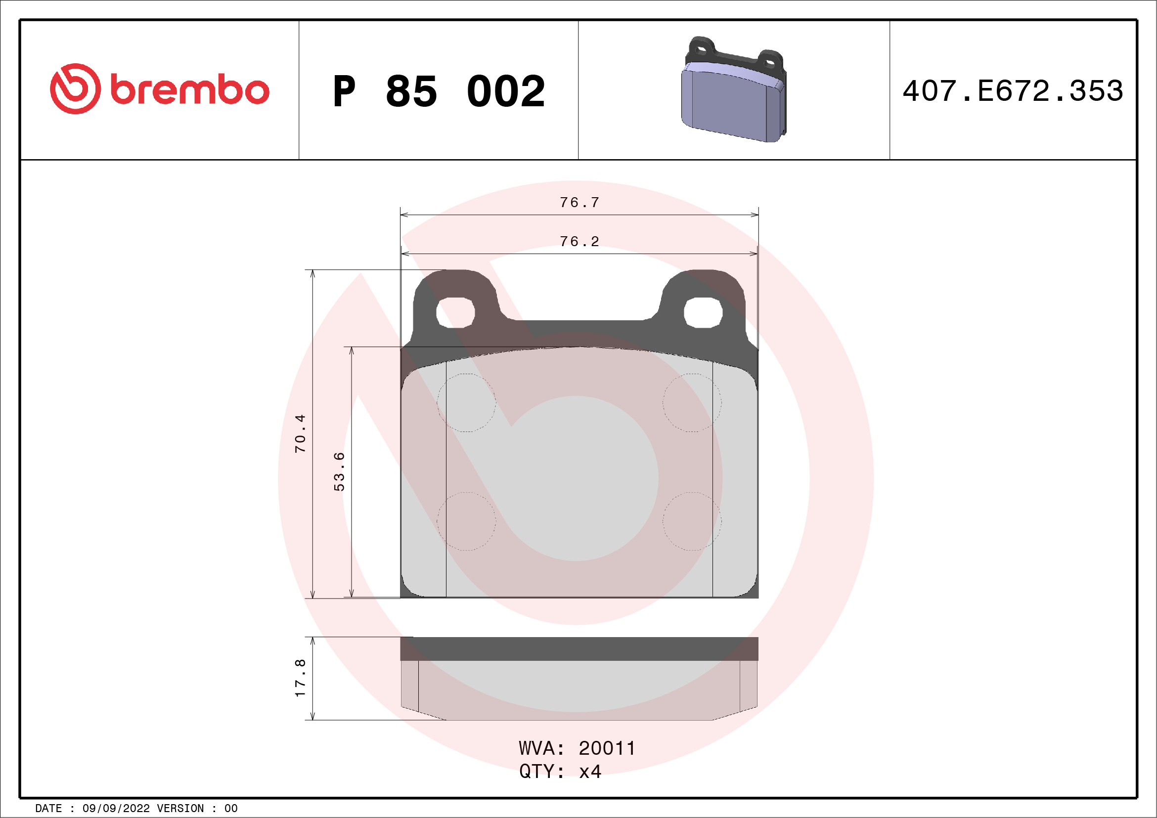 A.B.S. P 85 002 BREMBO Bremsbelagsatz, Scheibenbremse